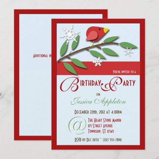 Red Bird on Branch - Birthday Party Invitations Kaart (Voorkant / Achterkant)