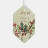 Red  Bird Save the Date Damask Brown Notes Glas Ornament (Voorkant Rechts)