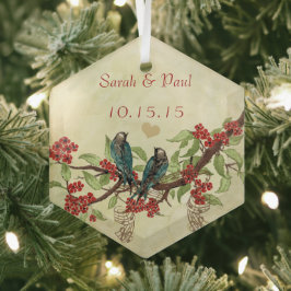Red  Bird Save the Date Damask Brown Notes Glas Ornament