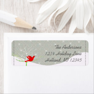 Red Bird Snow Stars Grey Damask Return Address Etiket