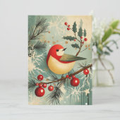 Red Bird Snowy Branch Holly Snowflakes Feestdagenkaart (Staand voorkant)
