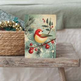 Red Bird Snowy Branch Holly Snowflakes  Feestdagenkaart