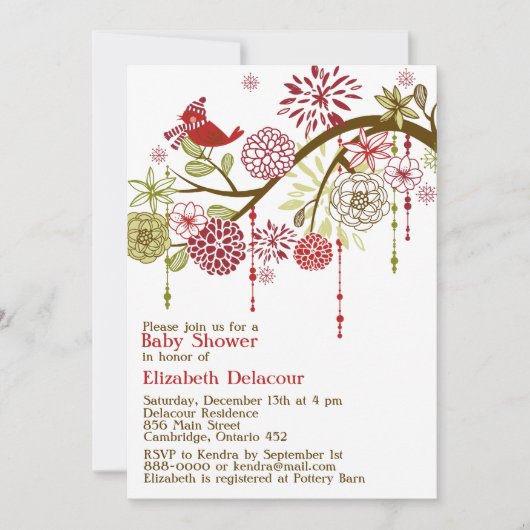Red Bird Whimsical Winter Baby shower Invitation Kaart (Voorkant)
