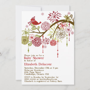 Red Bird Whimsical Winter Baby shower Invitation Kaart