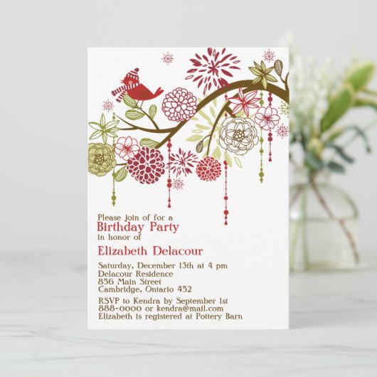 Red Bird Whimsical Winter Birthday Uitnodiging (Staand voorkant)