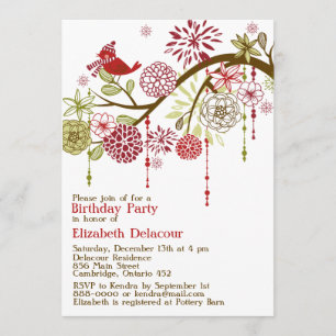 Red Bird Whimsical Winter Birthday Uitnodiging