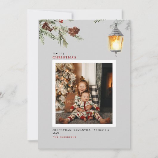 Red Bird Winter Foliage Foto met Kerstmis Feestdagenkaart (Voorkant)