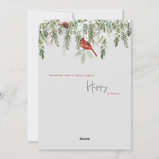 Red Bird Winter Foliage Foto met Kerstmis Feestdagenkaart (Achterkant)
