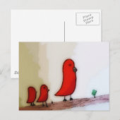 Red Bird With Babies Art Briefkaart (Voorkant / Achterkant)