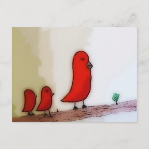 Red Bird With Babies Art Briefkaart
