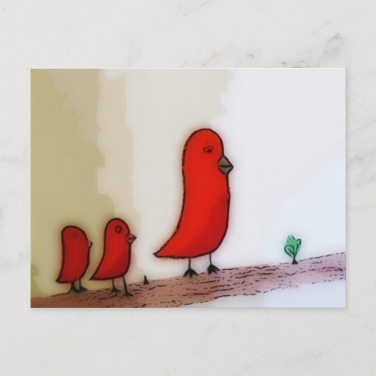 Red Bird With Babies Art Briefkaart (Voorkant)