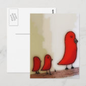 Red Bird With Babies Art Briefkaart (Voorkant / Achterkant)