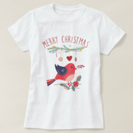Red Bird & Wreath Scandinavian KerstFolk Art T-shirt