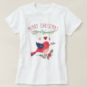 Red Bird & Wreath Scandinavian KerstFolk Art T-shirt