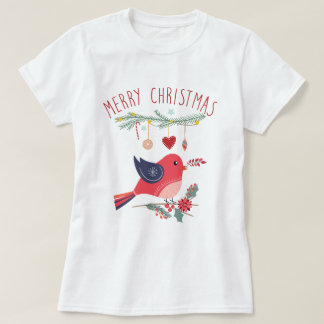 Red Bird & Wreath Scandinavian KerstFolk Art T-shirt