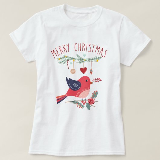 Red Bird & Wreath Scandinavian KerstFolk Art T-shirt (Design voorkant)