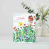 Red Birdhouse Butterfly Flower Garden Vrienden Briefkaart (Staand voorkant)