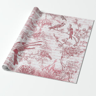  Red Birds Flowers Frans script Cadeaupapier