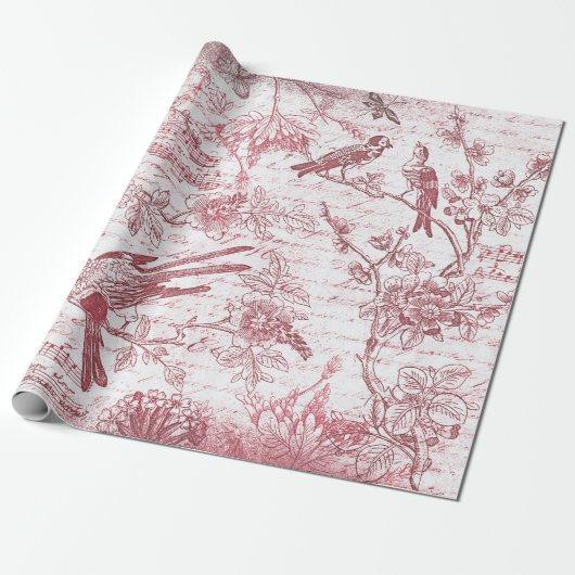 Red Birds Flowers Frans script Cadeaupapier (Uitgerold)
