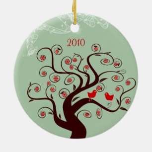 Red Birds Swirl Tree Christmas Foto Ornament