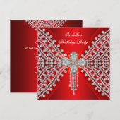 Red Birthday Party Silver White Diamond Afbeelding Kaart (Voorkant / Achterkant)
