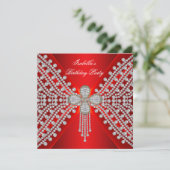 Red Birthday Party Silver White Diamond Afbeelding Kaart (Staand voorkant)