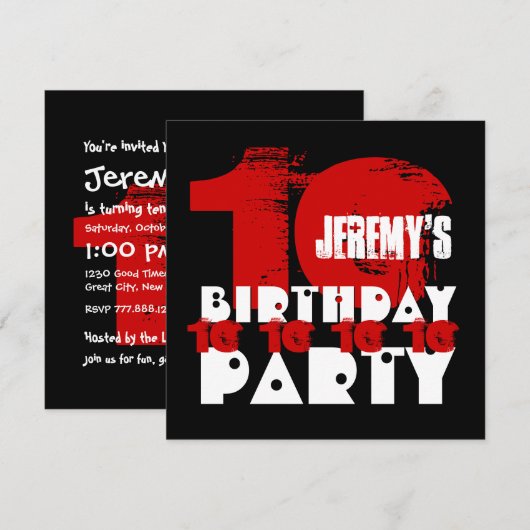 RED BLACK 10th Birthday Party 10 Year Old V02D Kaart (Voorkant / Achterkant)
