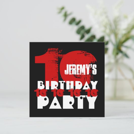 RED BLACK 10th Birthday Party 10 Year Old V02D Kaart (Staand voorkant)