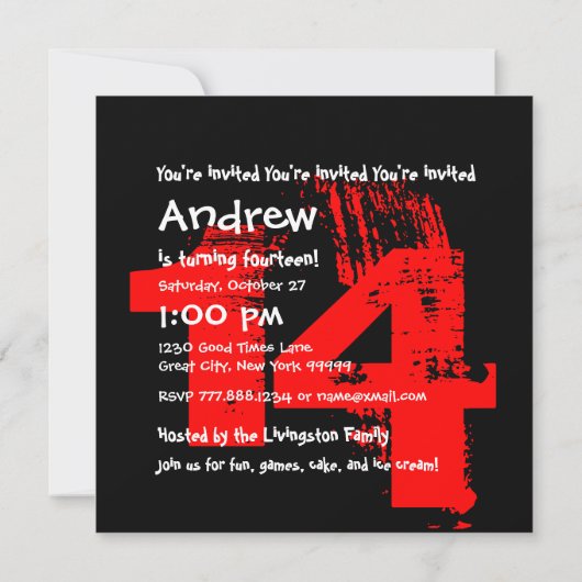 RED BLACK 14th Birthday Party 14 Year Old V06 Kaart (Achterkant)