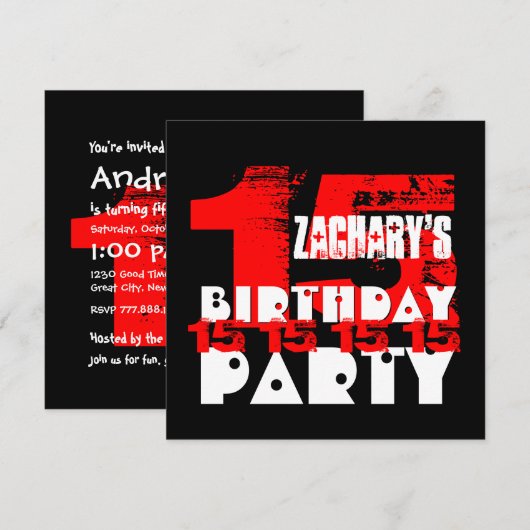 RED BLACK 15th Birthday Party 15 Year Old V07 Kaart (Voorkant / Achterkant)