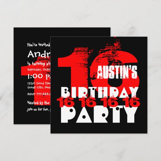 RED BLACK 16th Birthday Party 16 Year Old V08 Kaart (Voorkant / Achterkant)