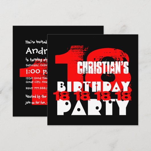 RED BLACK 18th Birthday Party 18 Year Old V10 Kaart (Voorkant / Achterkant)