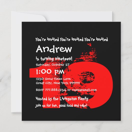 RED BLACK 19th Birthday Party 19 Year Old V11 Kaart (Achterkant)