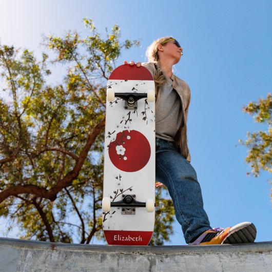 Red Black and White Cherry Blossom Rising Sun Name Persoonlijk Skateboard (Buiten 1)