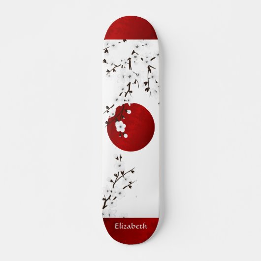 Red Black and White Cherry Blossom Rising Sun Name Persoonlijk Skateboard (Voorkant)