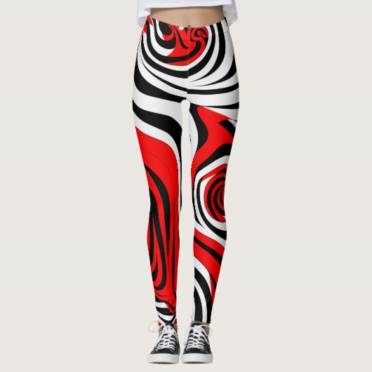 Red, Black and White Wave Pattern Leggings (Voorkant)