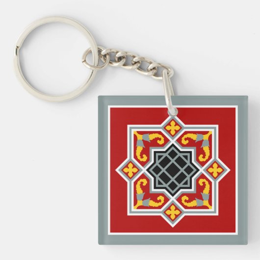  Red Black Barcelona Tile Geometric Graphic Sleutelhanger (voorkant)