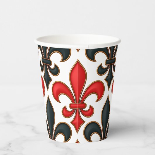 Red Black Baroque Fleur-de-lis Pattern Design  Papieren Bekers (Rechts)