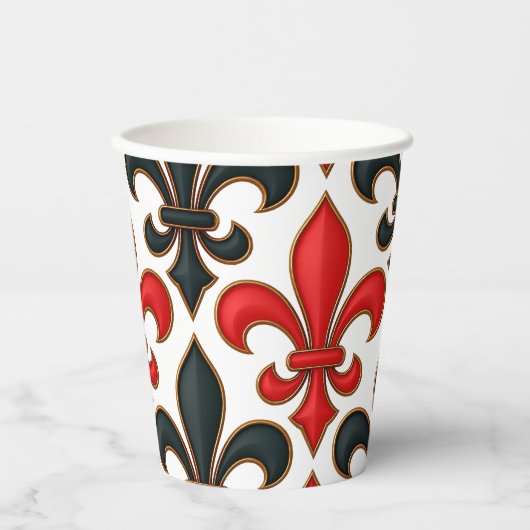 Red Black Baroque Fleur-de-lis Pattern Design Papieren Bekers (Voorkant)