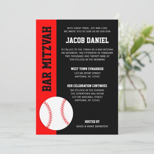 Red Black Baseball Bar Mitzvah Kaart (Staand voorkant)