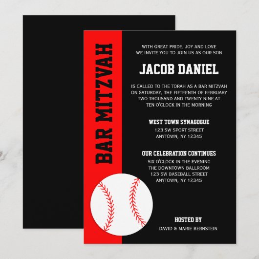 Red Black Baseball Bar Mitzvah Kaart (Voorkant / Achterkant)