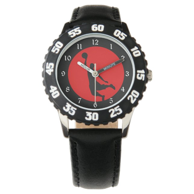 Red Black Basketball Silhouette Horloge (Voorkant)