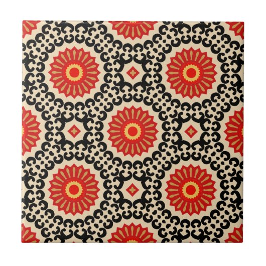 Red Black Beige Oriental Moroccan Mosaic Pattern Tegeltje (Voorkant)