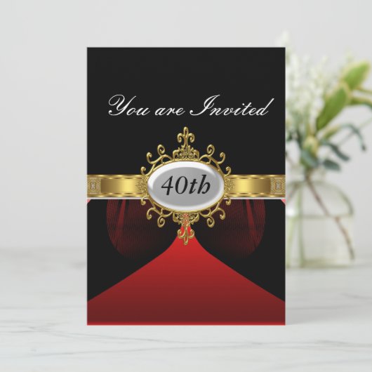 Red Black Birthday Glamour Invitation Kaart (Staand voorkant)