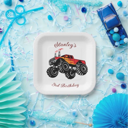 Red Black Boys'Birthday Monster Truck Papieren Bordje (Feest)