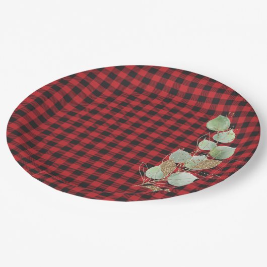 Red Black Buffalo Check Glitter Sage Botanical Papieren Bordje (Gekanteld)