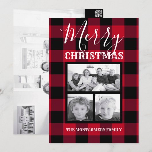 Red Black Buffalo Check Merry-kerstfoto Feestdagenkaart (Voorkant / Achterkant)