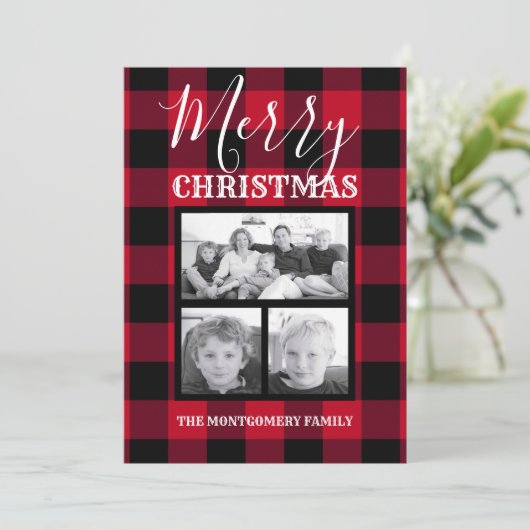 Red Black Buffalo Check Merry-kerstfoto Feestdagenkaart (Staand voorkant)
