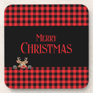 Red Black Buffalo Check met Peeping Reindeer Bier Onderzetter