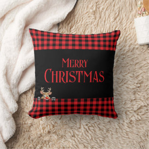 Red Black Buffalo Check met Peeping Reindeer Kussen